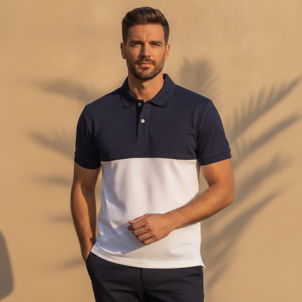 Polo Uomo Color Block Sportiva – Design Bicolore Dinamico - Navy e Bianco - indossato