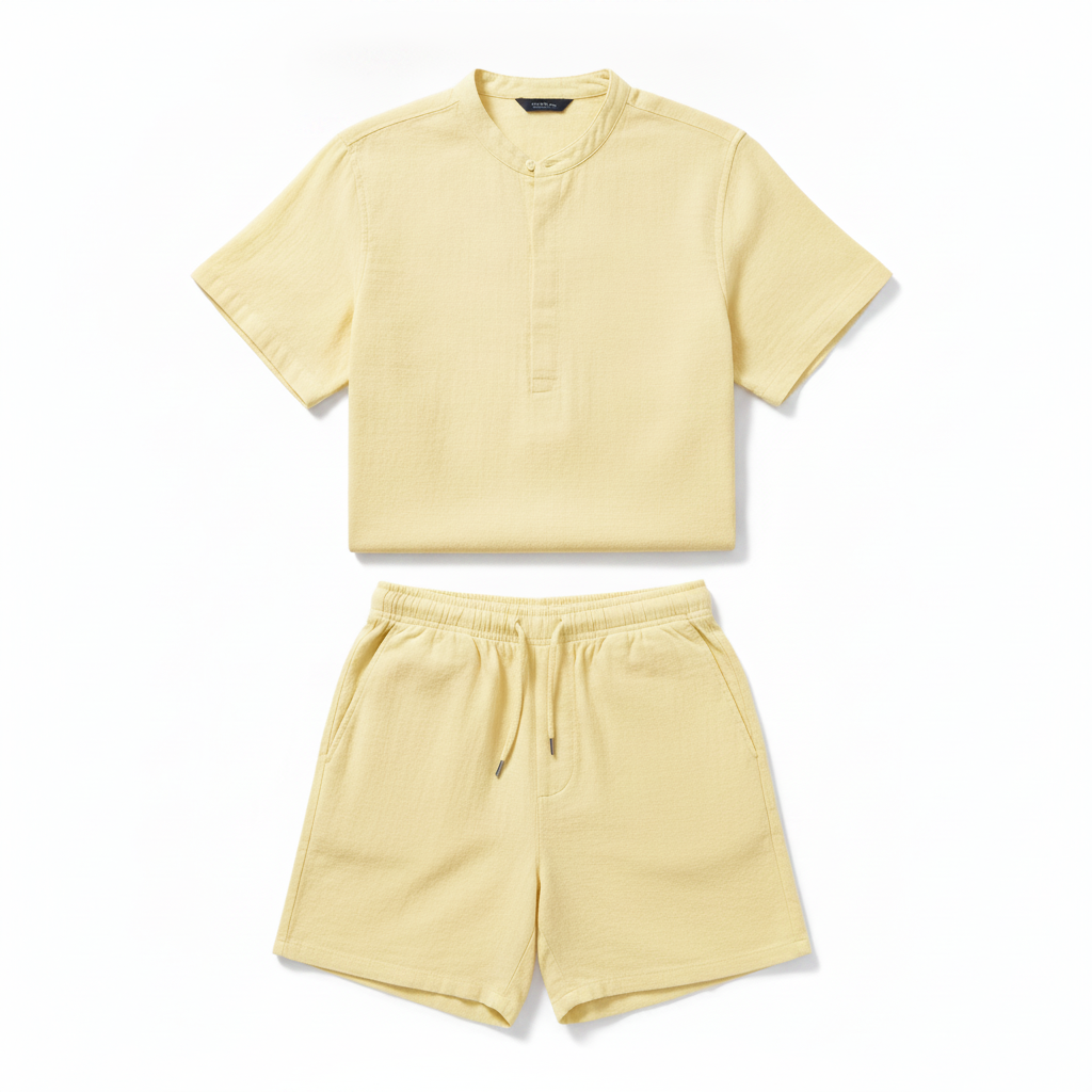 Completo Coordinato Uomo Camicia Fiammata Pastello e Pantaloncini - Giallo Pastello