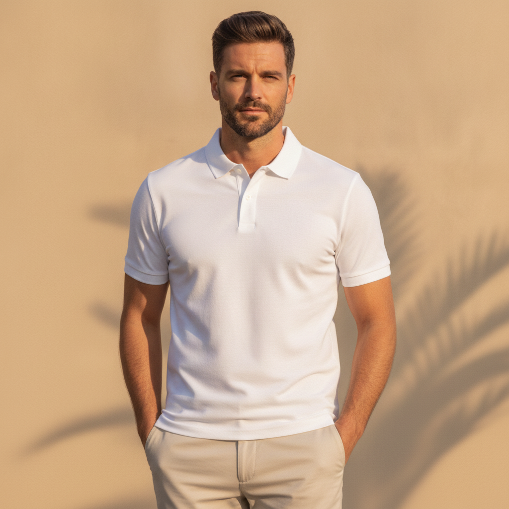 Polo Uomo Tinta Unita Basic – Essenziale Versatile del Guardaroba - Bianco - indossato