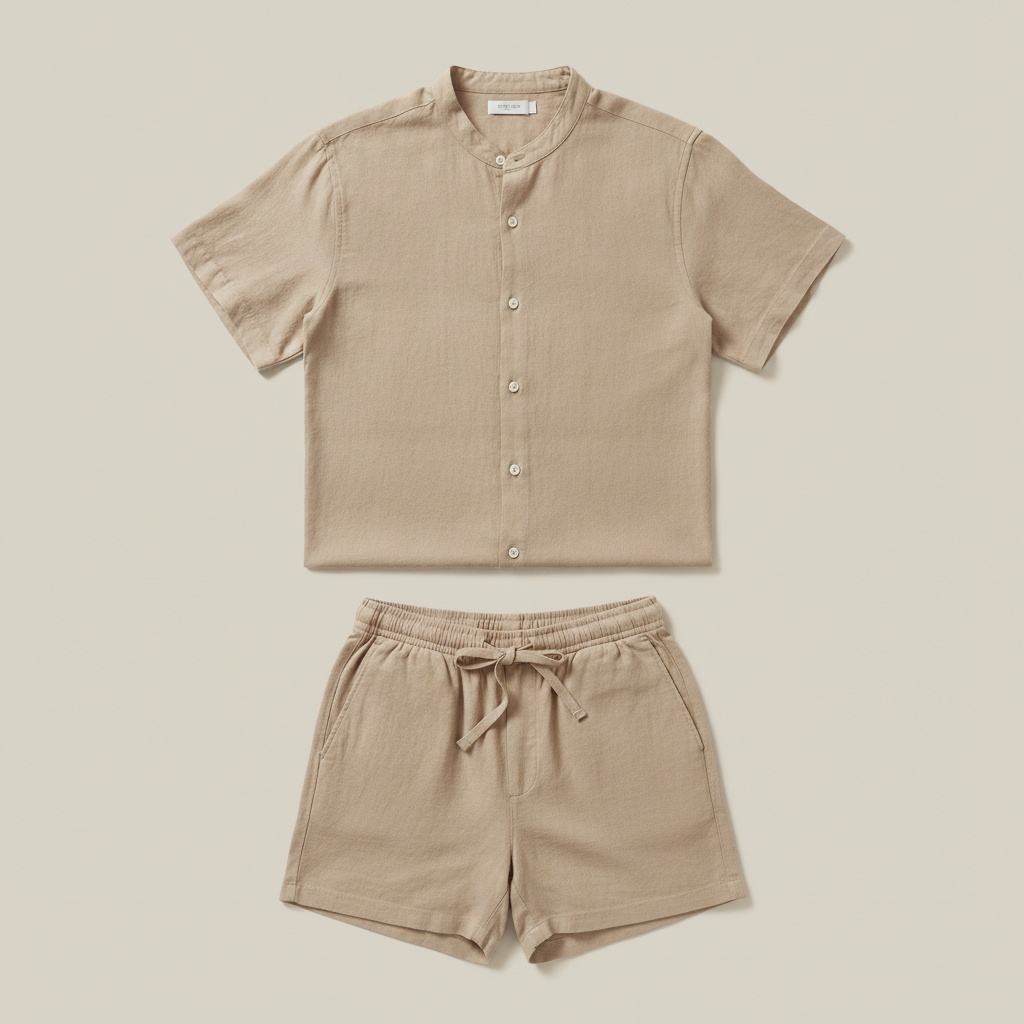Completo Coordinato Uomo Camicia Lino Blend e Pantaloncini Comfort - Beige