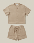 Completo Coordinato Uomo Camicia Lino Blend e Pantaloncini Comfort - Beige