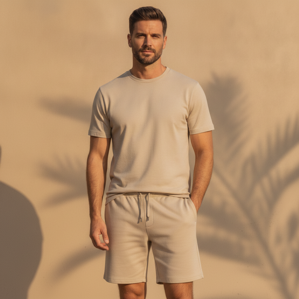 Completo Coordinato Uomo T-shirt e Pantaloncini - Beige - indossato