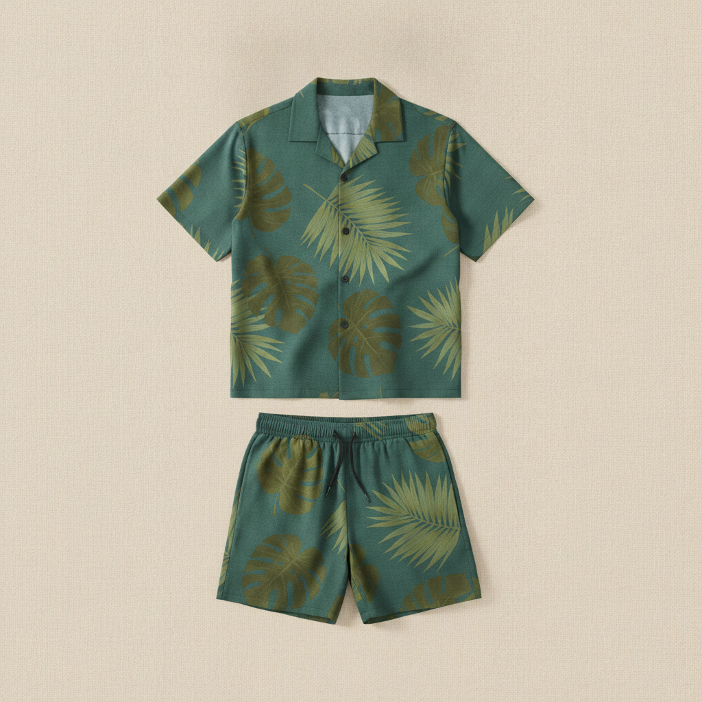 Completo Coordinato Uomo Camicia Camp Fantasia Foglie e Pantaloncini - Foglie Nere