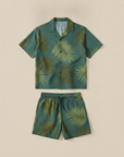 Completo Coordinato Uomo Camicia Camp Fantasia Foglie e Pantaloncini - Foglie Nere