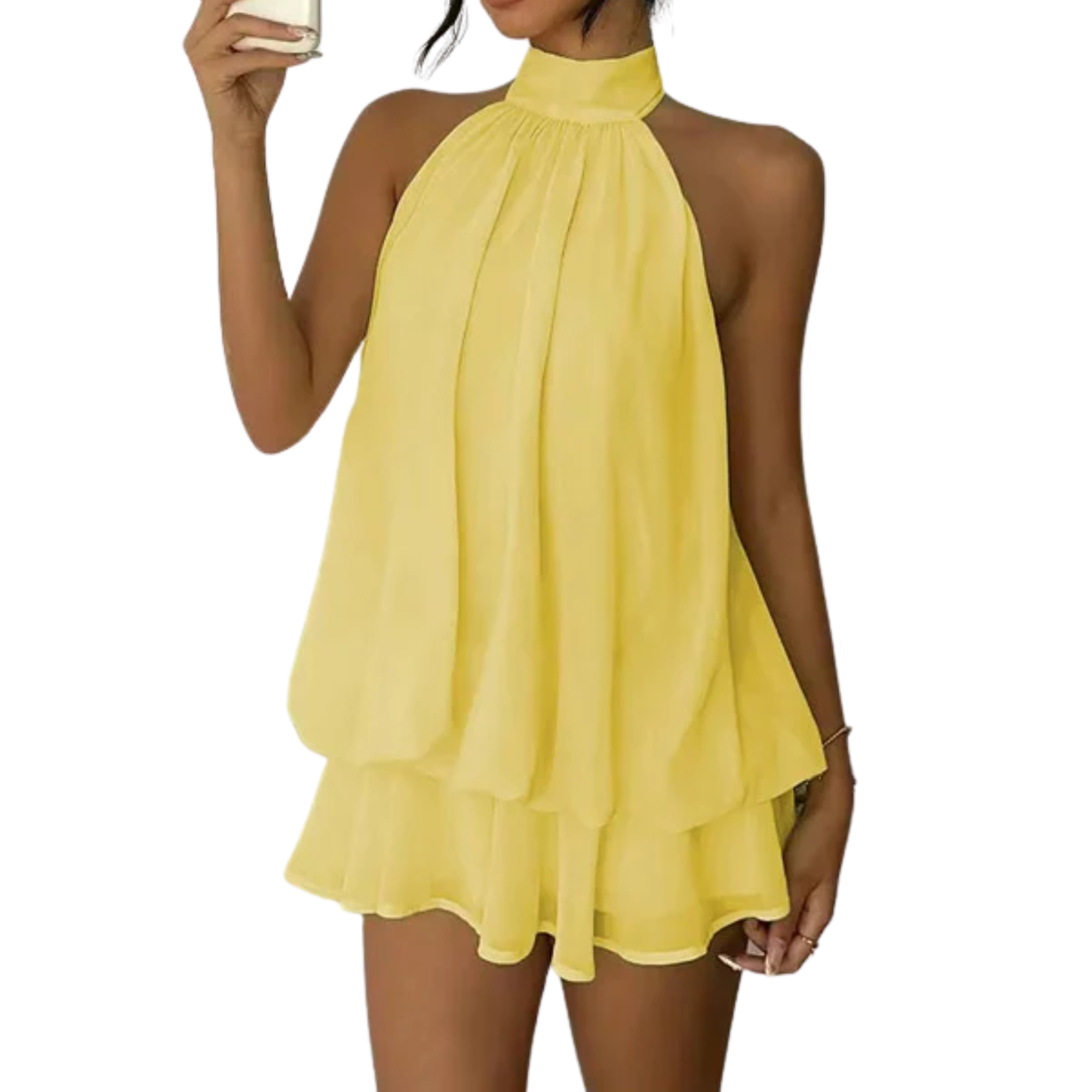 Vestito Mini Donna con Volant a Strati – Schiena Scoperta Halter Trapezio