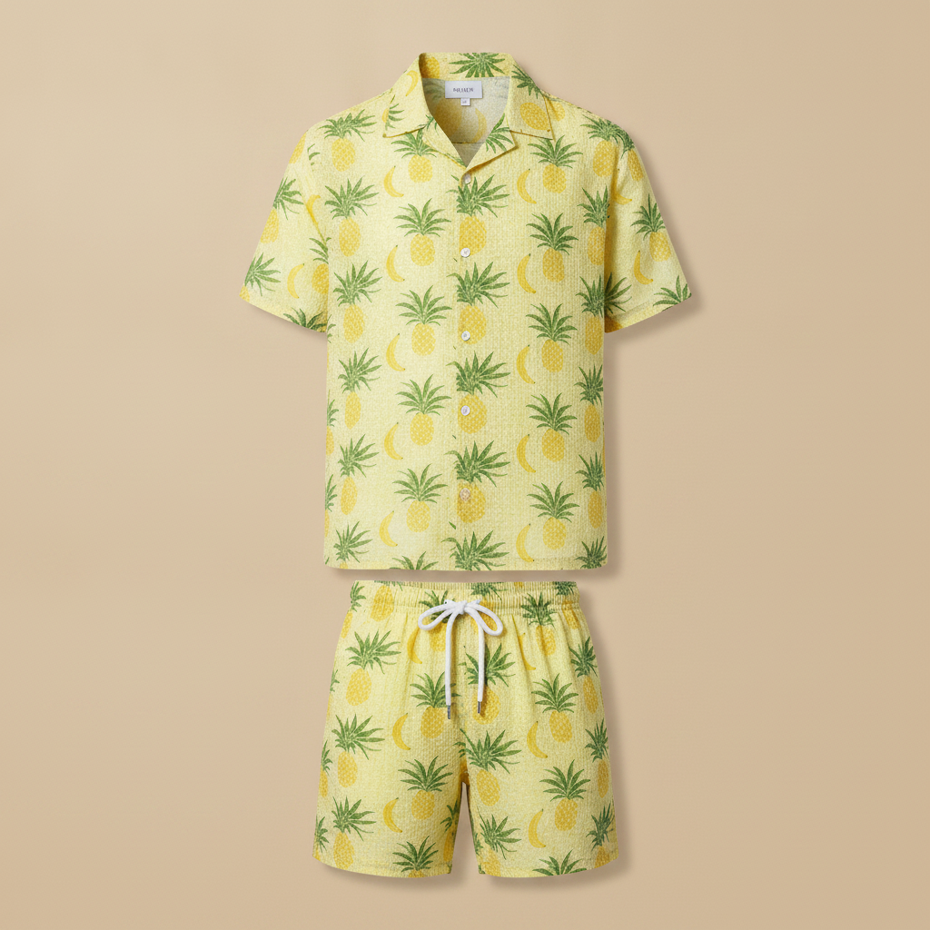 Completo Coordinato Uomo Camicia Stampa Frutti Tropicali e Pantaloncini - Frutti Blu