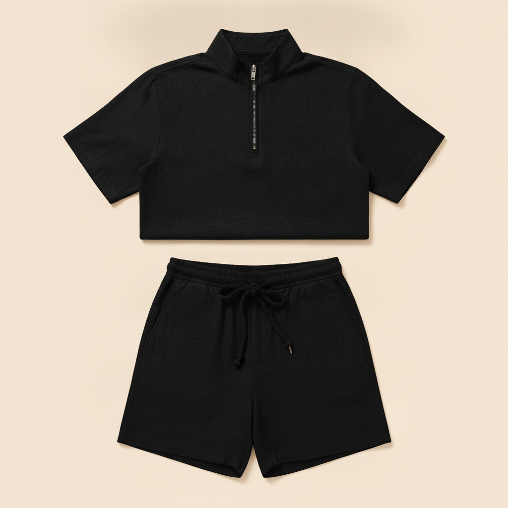 Completo Coordinato Uomo Polo Zip e Pantaloncini - Nero