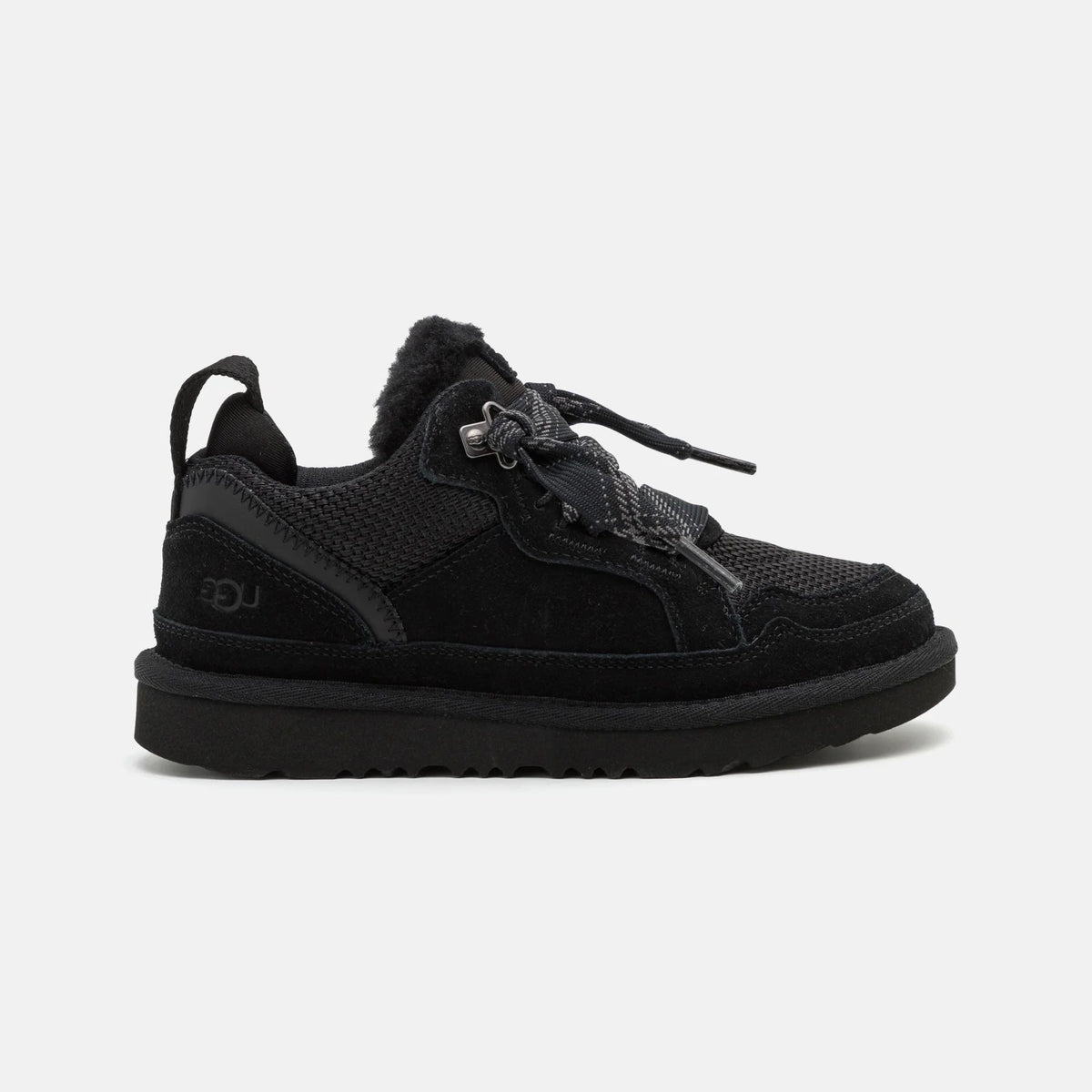 UGG Lowmel Black sneakers uomo e donna in pelle scamosciata nero, vista laterale