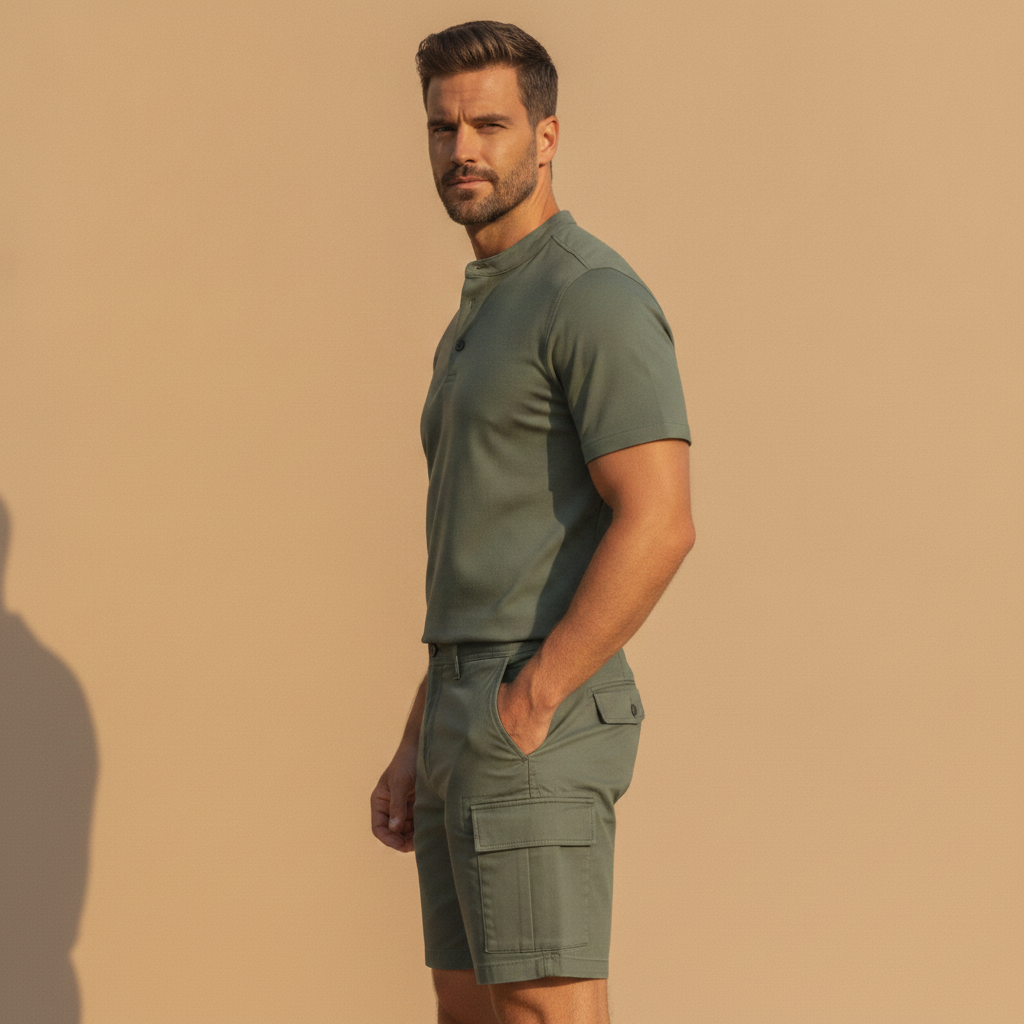 Completo Coordinato Uomo Camicia e Pantaloncini Cargo - vista laterale