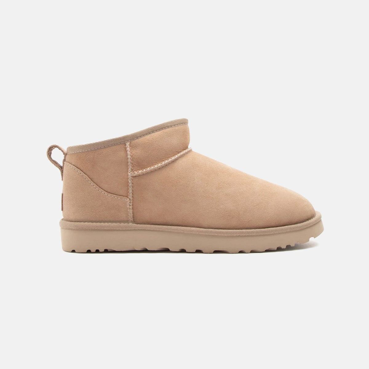 UGG Classic Ultra Mini Sand stivaletti donna in pelle scamosciata e montone beige sand, vista laterale