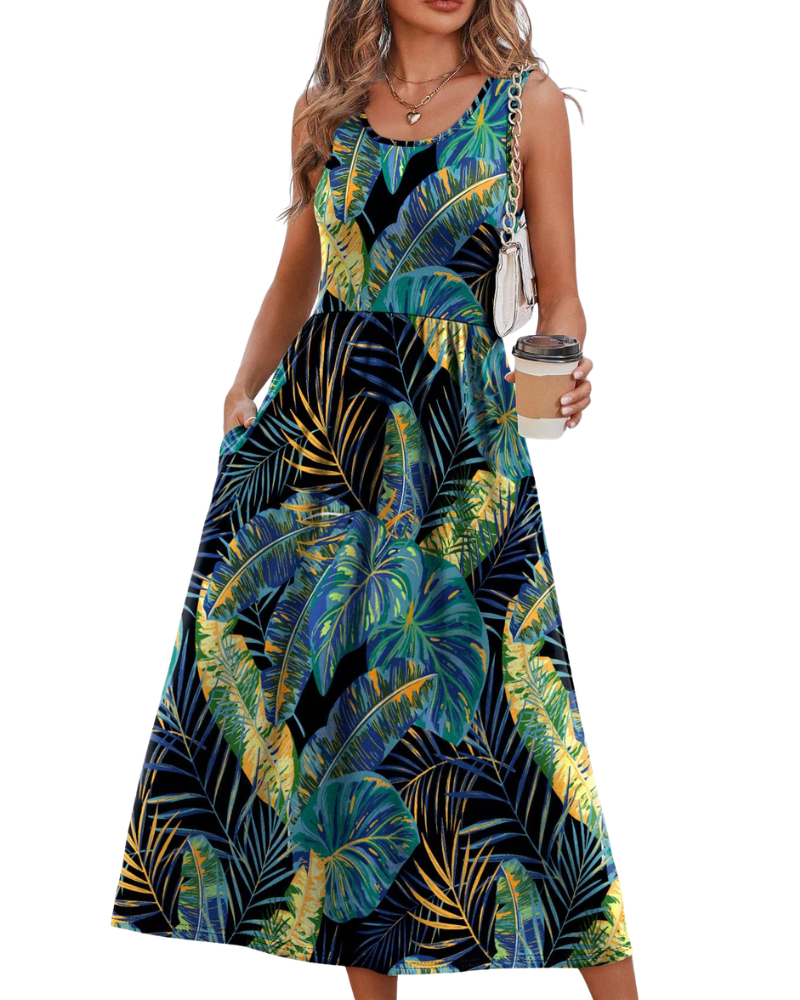 Jensy Vestito Midi Donna – Vestito A-Line Fluido con Tasche, Vita Impero e Taglio Elegante Estivo