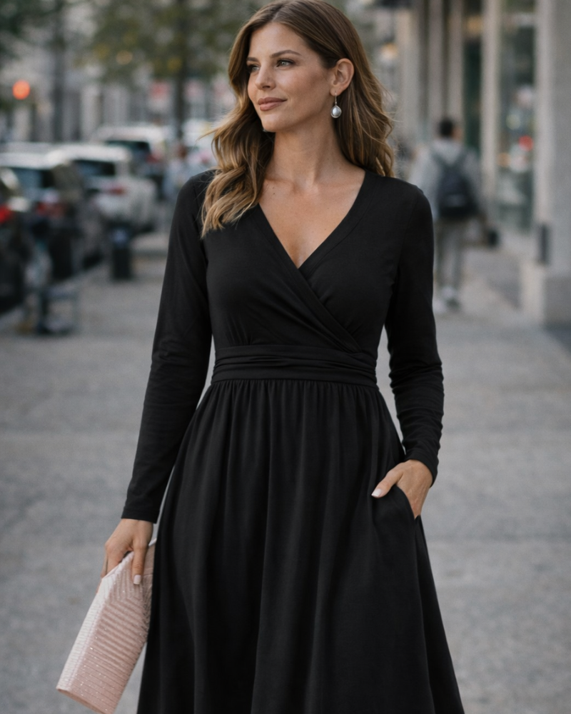 Vestito Donna Regina – Scollo a V Tinta Unita, Maniche Lunghe e Taglio A-Line Midi con Tasche