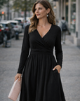 Vestito Donna Regina – Scollo a V Tinta Unita, Maniche Lunghe e Taglio A-Line Midi con Tasche