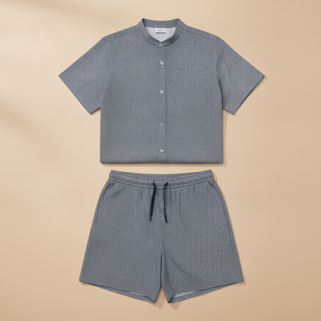 Completo Coordinato Uomo Camicia Micro-Fantasia e Pantaloncini - Grigio Micro