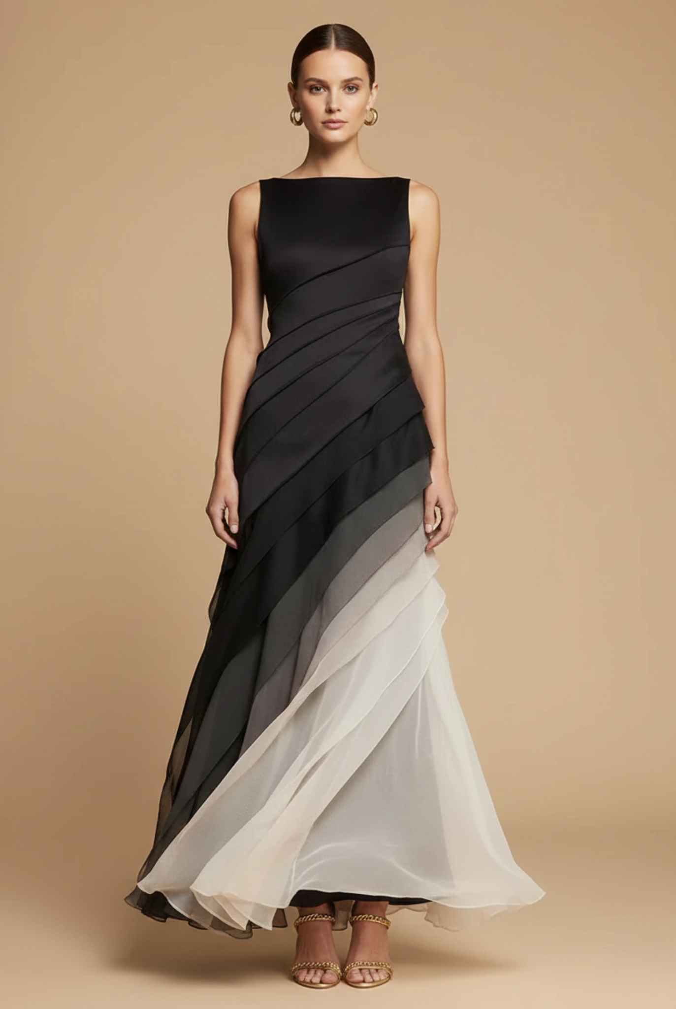 Abito lungo donna in chiffon, senza maniche