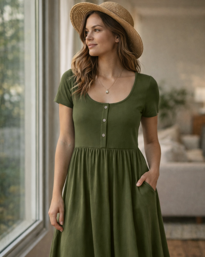 Abito Donna Maloi – Girocollo, Taglio A-Line Midi e Vita Elastica con Tasche Estate