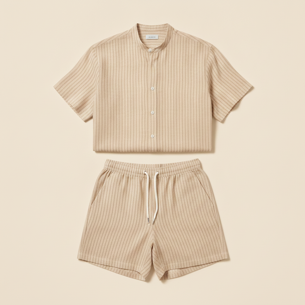 Completo Coordinato Uomo Camicia Lino Gessato e Pantaloncini - Beige Righe Bianche