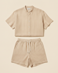 Completo Coordinato Uomo Camicia Lino Gessato e Pantaloncini - Beige Righe Bianche