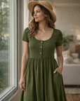Abito Donna Maloi – Girocollo, Taglio A-Line Midi e Vita Elastica con Tasche Estate