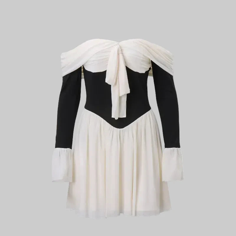 Mini abito donna spalle scoperte – corpetto strutturato e fiocco frontale