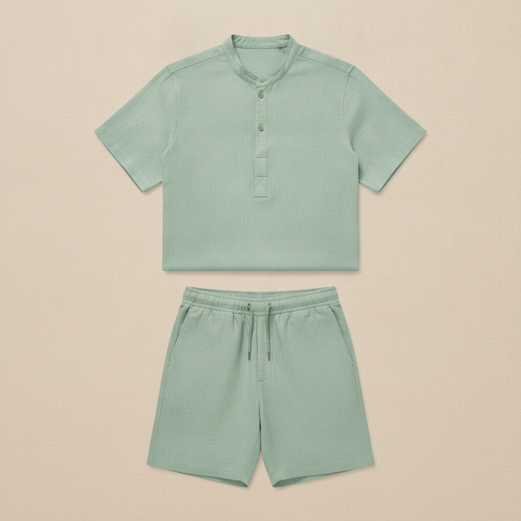 Completo Coordinato Uomo Camicia Popover e Pantaloncini - Verde Salvia
