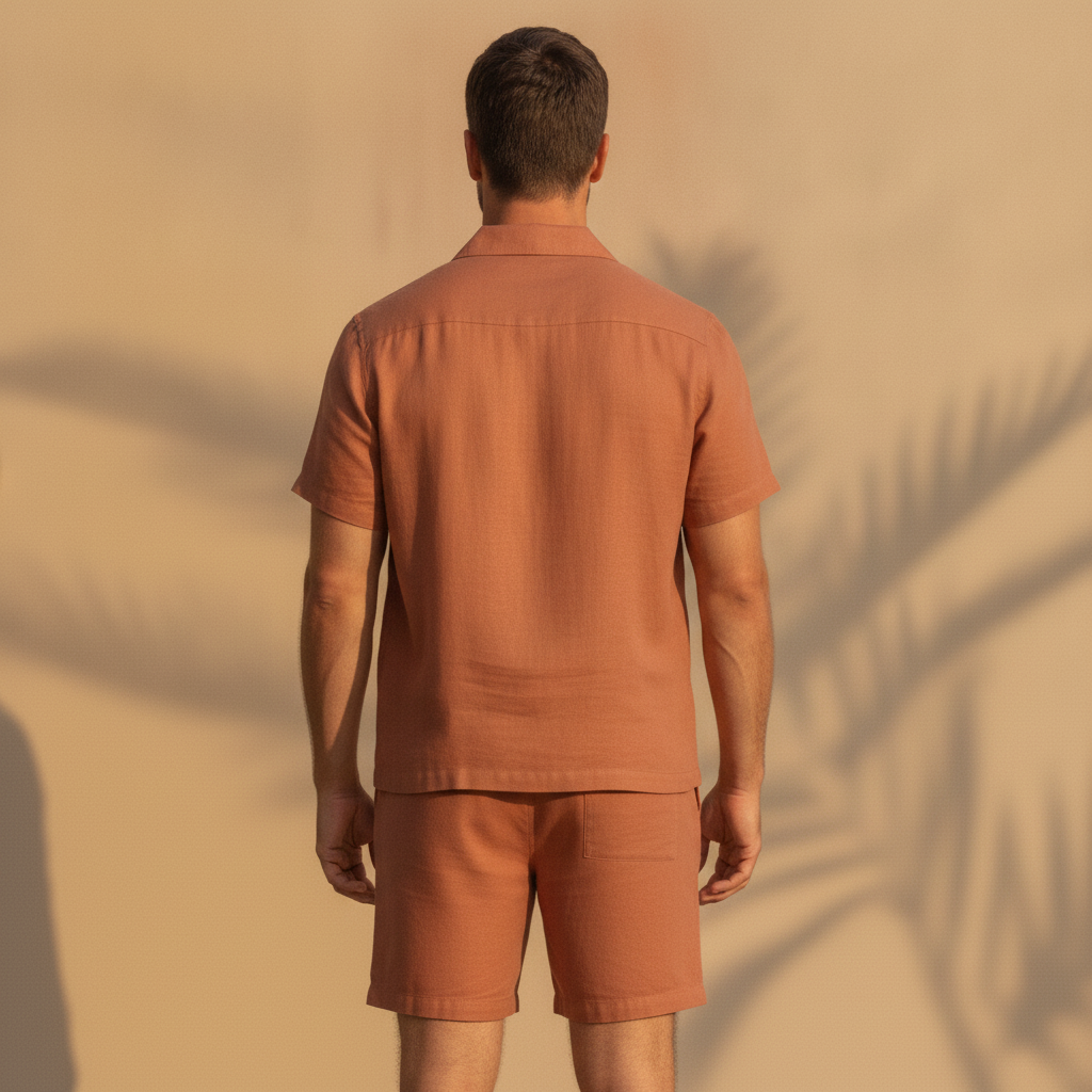 Completo Coordinato Uomo Camicia Cuban Collar Tinta Unita e Pantaloncini - vista posteriore