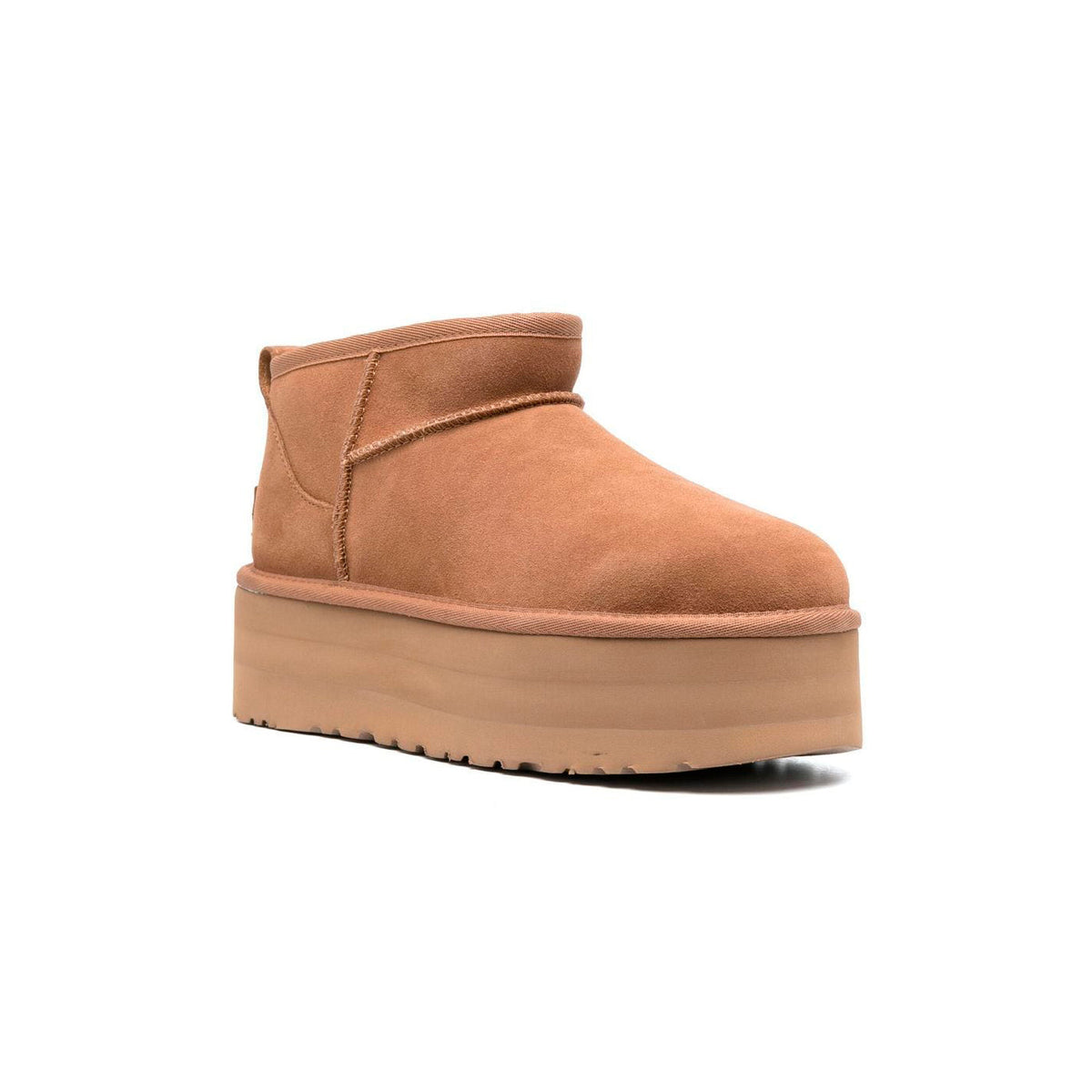 UGG Classic Ultra Mini Platform Camel stivaletti con zeppa donna in pelle scamosciata e montone cammello, vista frontale