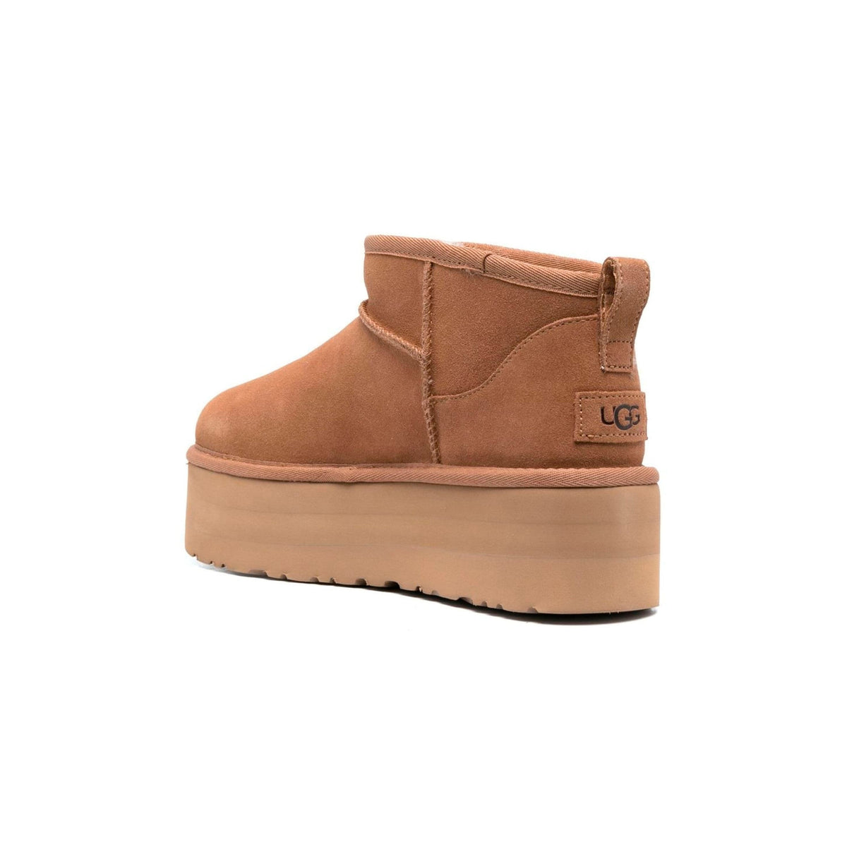 UGG Classic Ultra Mini Platform Camel stivaletti con zeppa donna in pelle scamosciata e montone cammello, dettaglio suola