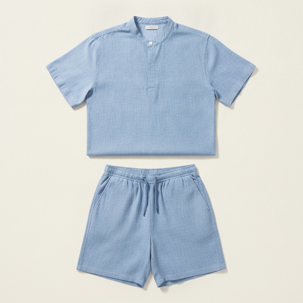 Completo Coordinato Uomo Camicia Chambray e Pantaloncini - Grigio Chambray