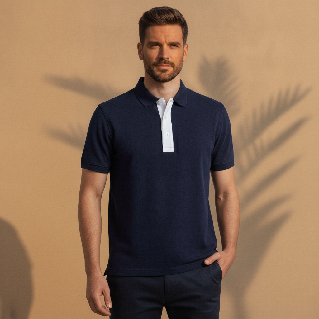 Polo Uomo con Placket a Contrasto – Dettaglio Raffinato - Navy con Bianco - indossato
