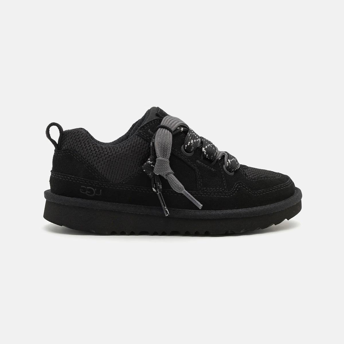 UGG Lowmel Lo Black sneakers uomo e donna in pelle scamosciata nero, vista laterale