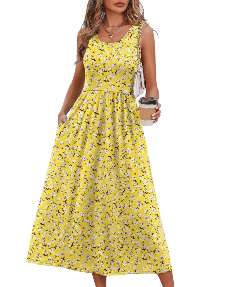 Jensy Vestito Midi Donna – Vestito A-Line Fluido con Tasche, Vita Impero e Taglio Elegante Estivo