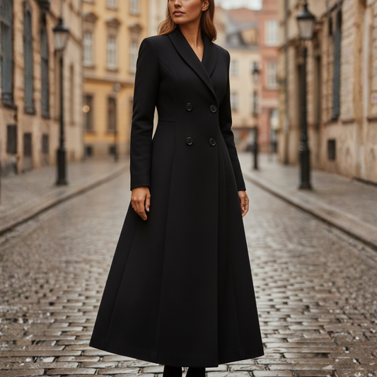 Cappotto Donna Lungo Nero Poliestere Doppiopetto