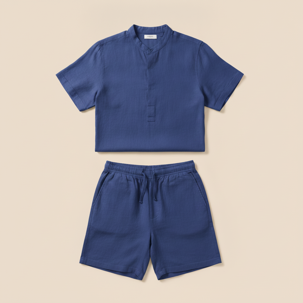 Completo Coordinato Uomo Camicia Lino Tinta Vivace e Pantaloncini - Blu Cobalto