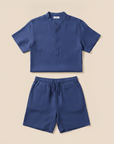 Completo Coordinato Uomo Camicia Lino Tinta Vivace e Pantaloncini - Blu Cobalto
