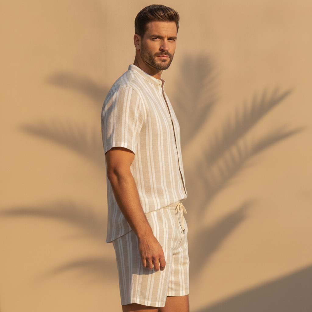 Completo Coordinato Uomo Camicia Garza Rigata e Pantaloncini - vista laterale