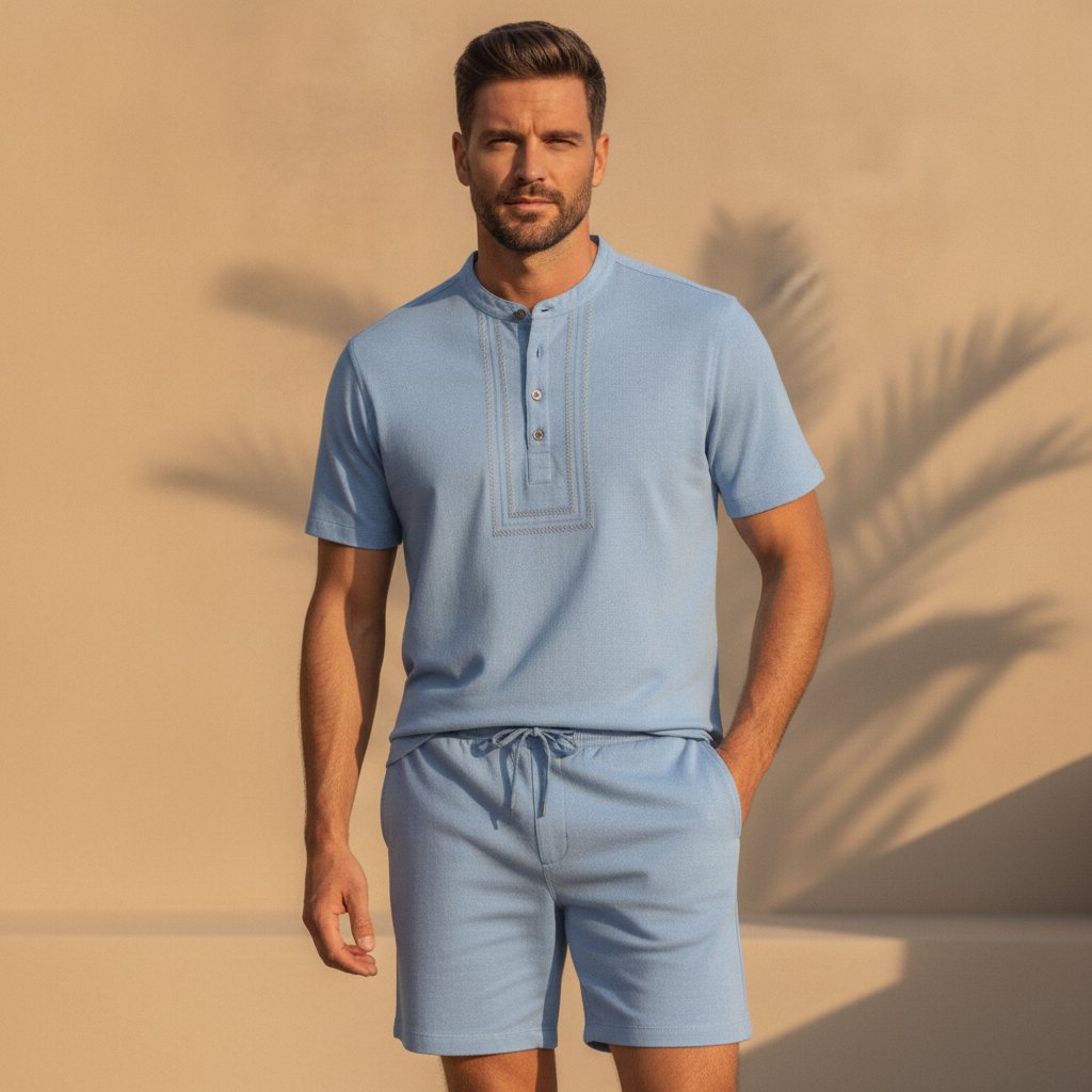 Completo Coordinato Uomo Camicia Chambray Ricamata e Pantaloncini - Azzurro Chambray - indossato