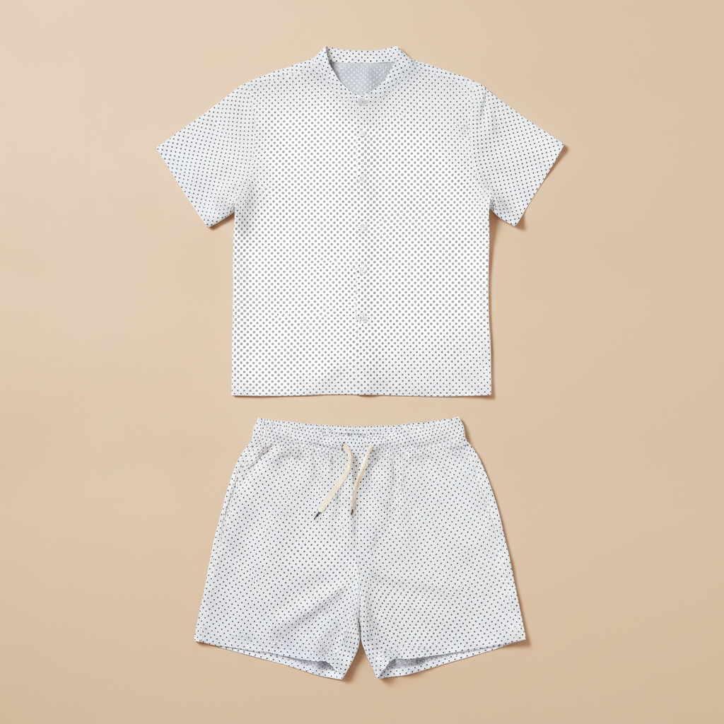 Completo Coordinato Uomo Camicia a Pois e Pantaloncini - Bianco a Pois