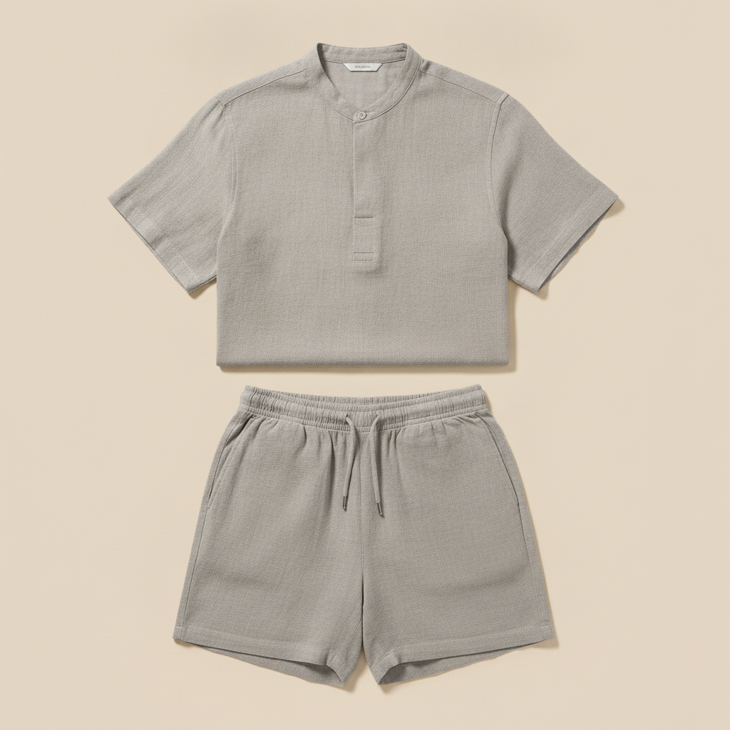 Completo Coordinato Uomo in Ramié Naturale e Pantaloncini - Grigio Pietra