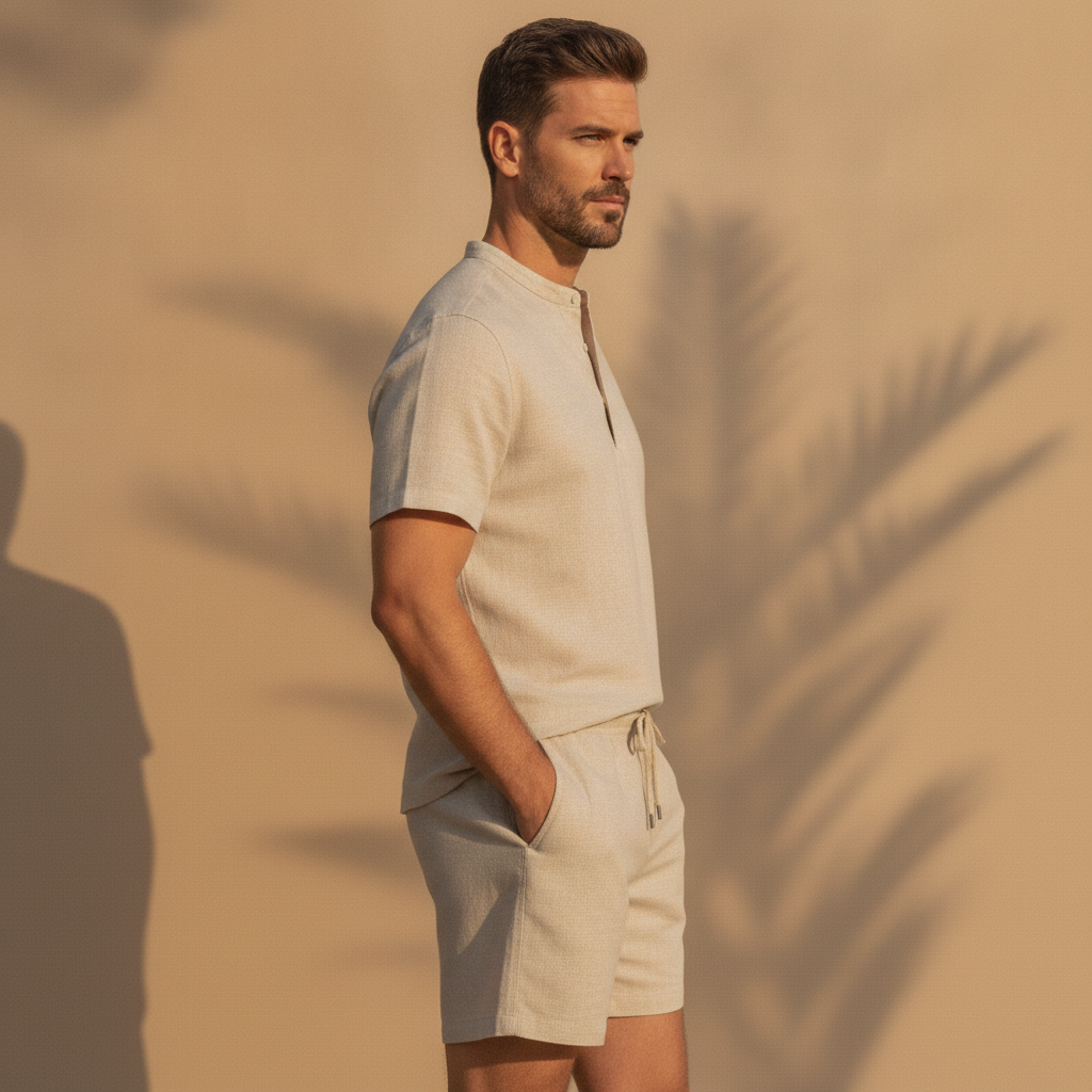 Completo Coordinato Uomo in Ramié Naturale e Pantaloncini - vista laterale