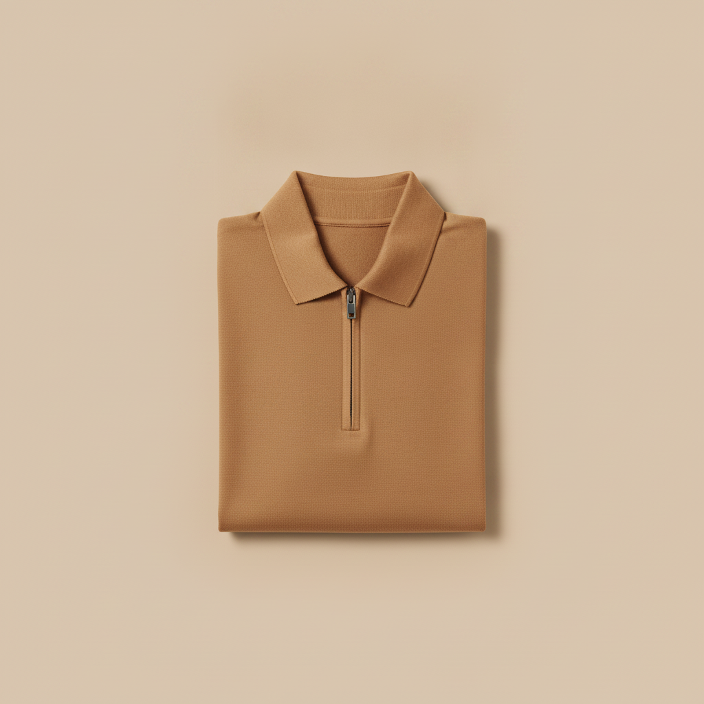 Polo Uomo Mezza Zip in Cotone – Elegante Sportiva con Zip Corta - Cammello