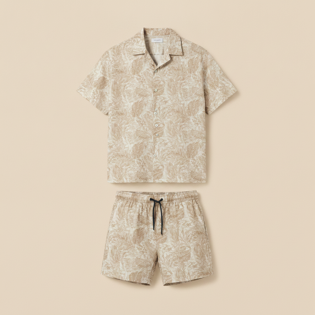 Completo Coordinato Uomo Camicia Tropicale e Pantaloncini - Palme Beige