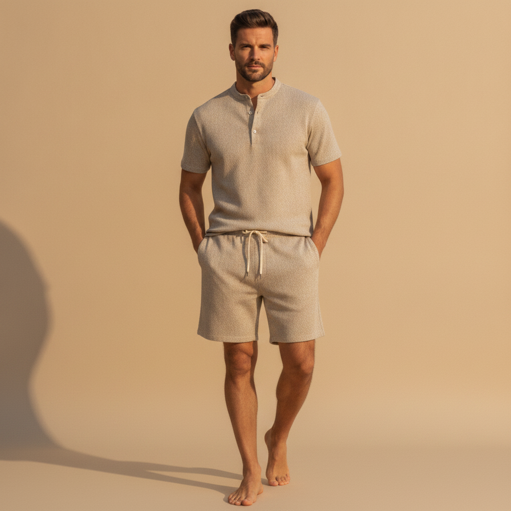Completo Coordinato Uomo Camicia Lino a Spina e Pantaloncini - Beige Spigato - indossato