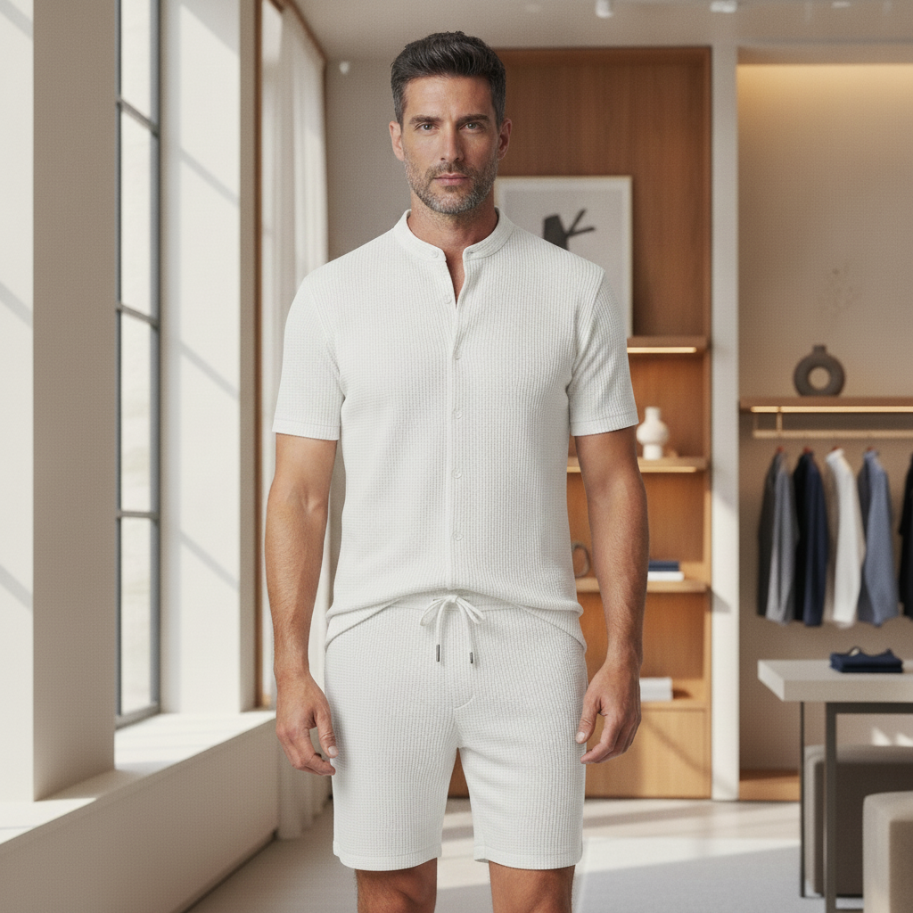 Completo Coordinato Uomo a Coste – Camicia Colletto Coreana e Pantaloncini - Bianco - indossato
