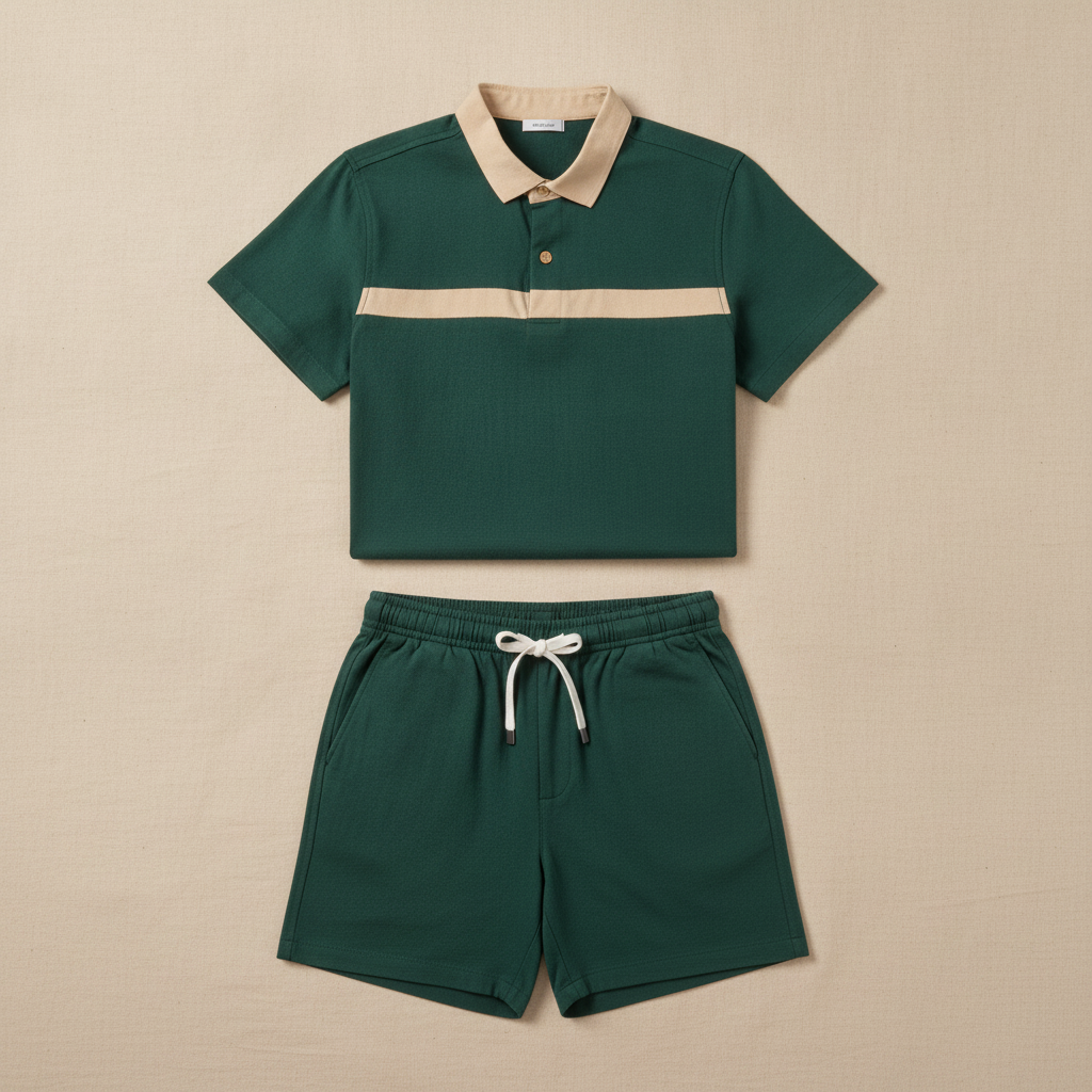 Completo Coordinato Uomo Camicia Colletto a Contrasto e Pantaloncini - Verde con Beige
