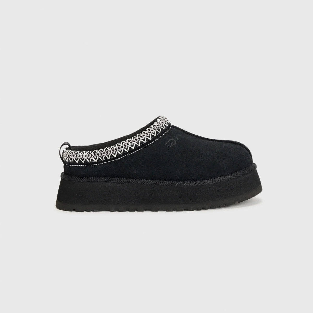 UGG Tazz II Black ciabatte platform donna in pelle scamosciata e montone nero, vista laterale