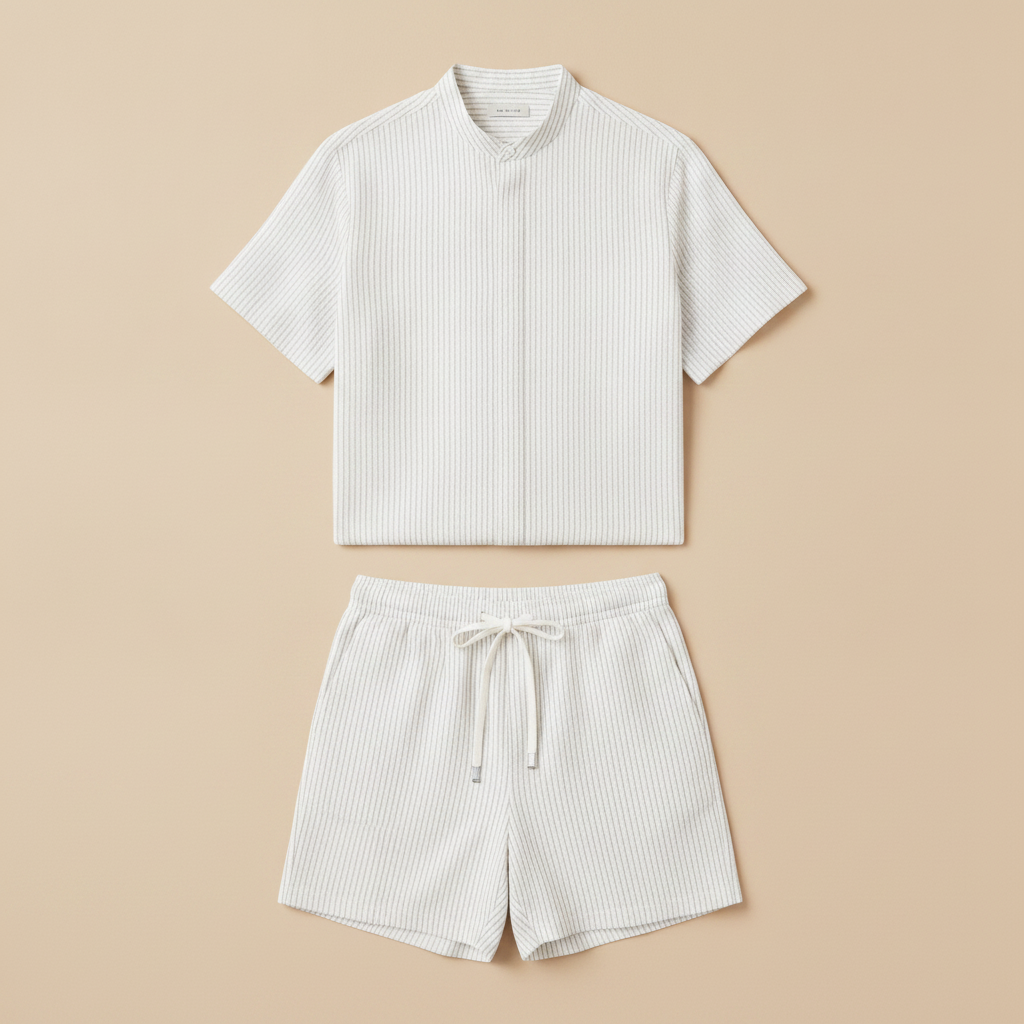 Completo Coordinato Uomo Camicia Righe Sottili e Pantaloncini - Bianco Righe Verdi