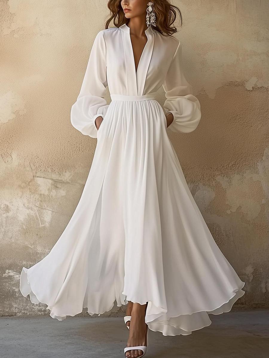 Abito lungo donna in tessuto leggero, scollo a V — vista 4