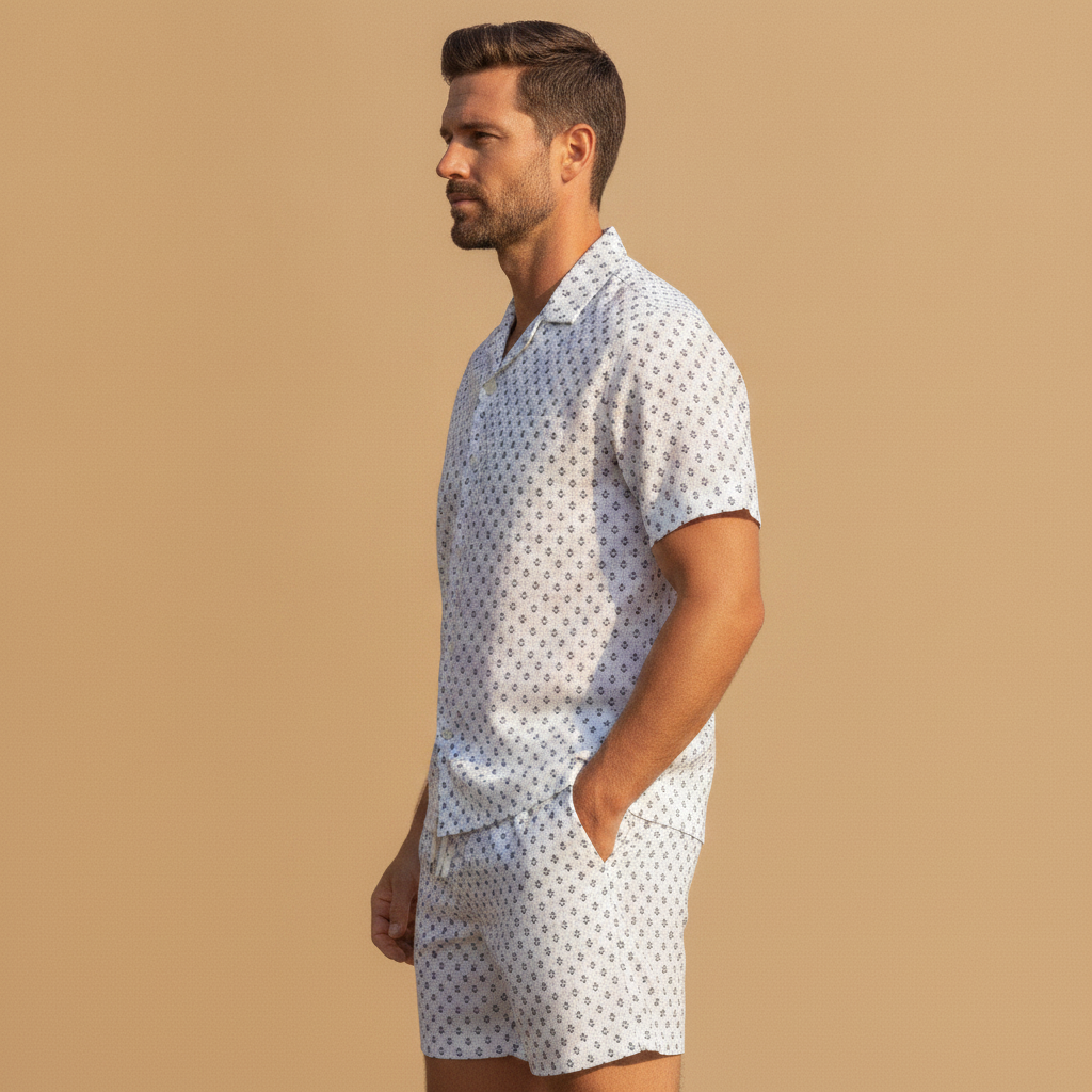 Completo Coordinato Uomo Camicia Stampa Nautica e Pantaloncini - vista laterale
