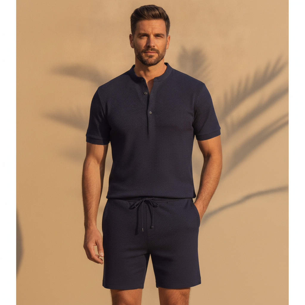 Completo Coordinato Uomo Polo Piqué Testurizzata e Pantaloncini - Blu Navy - indossato